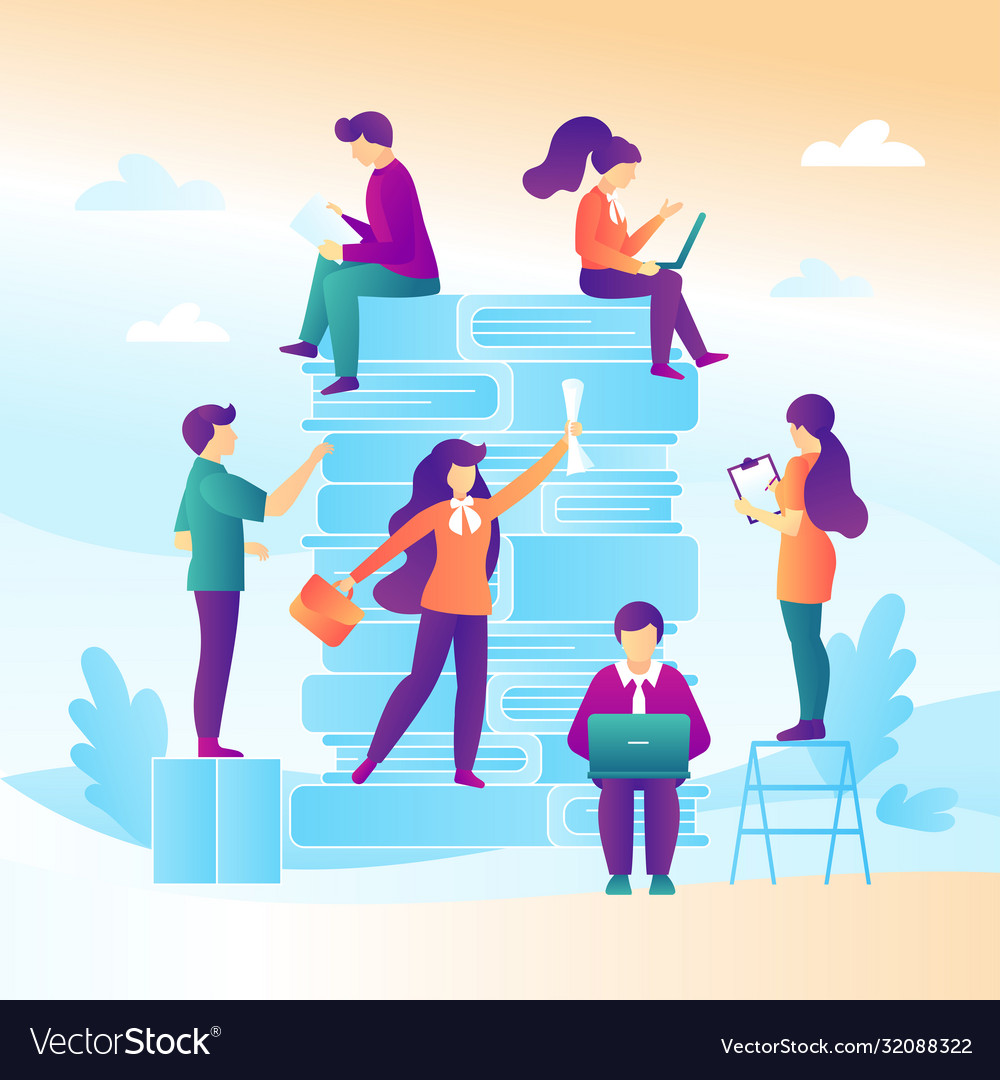 Stack books with students in a flat design vector image Stack books with students in a flat design