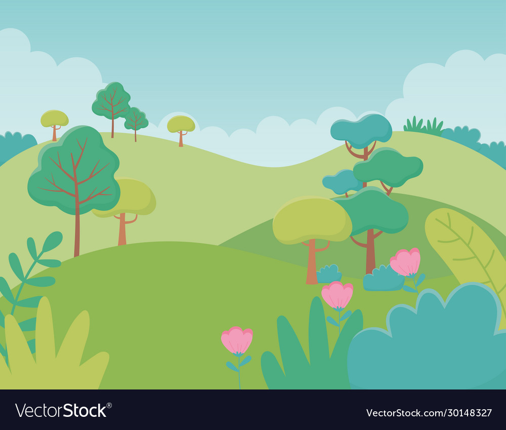 Landscape hills flowers trees foliage nature Vector Image