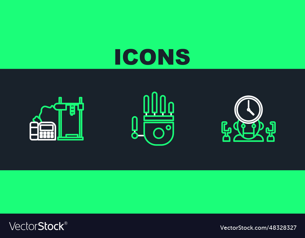 Set line robot and digital time manager 3d vector image Set line robot and digital time manager 3d
