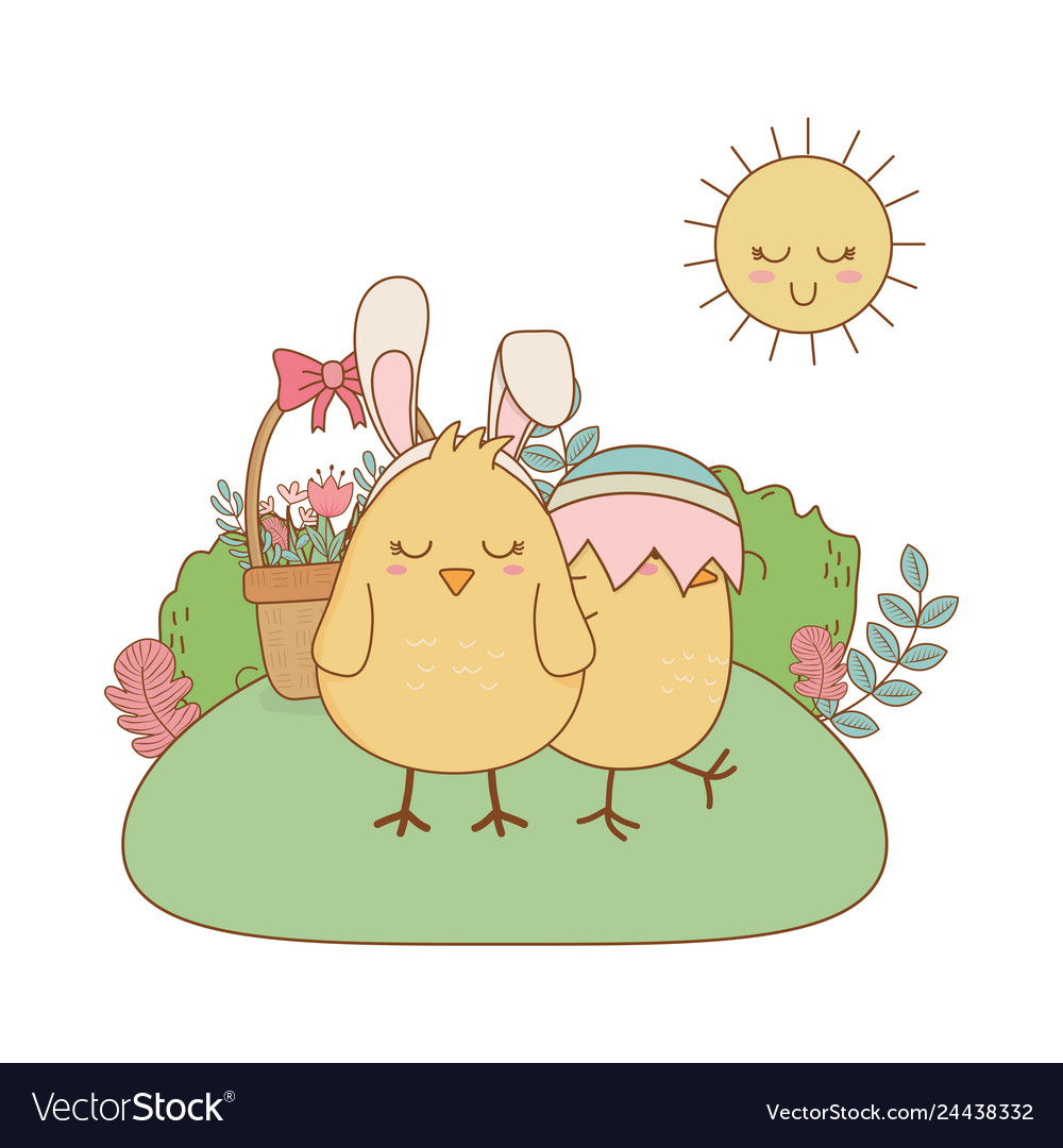 Little chicks easter characters in garden scene