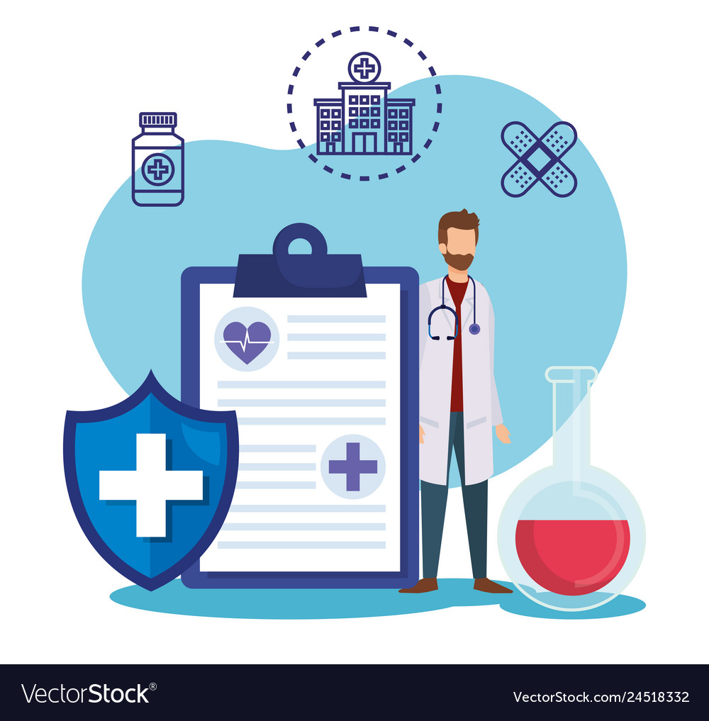 Man doctor with check list and shield Vector Image Man doctor with check list and shield