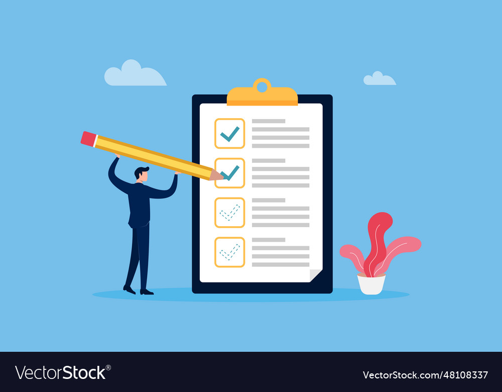 Businessman checking list with tick mark vector image Businessman checking list with tick mark