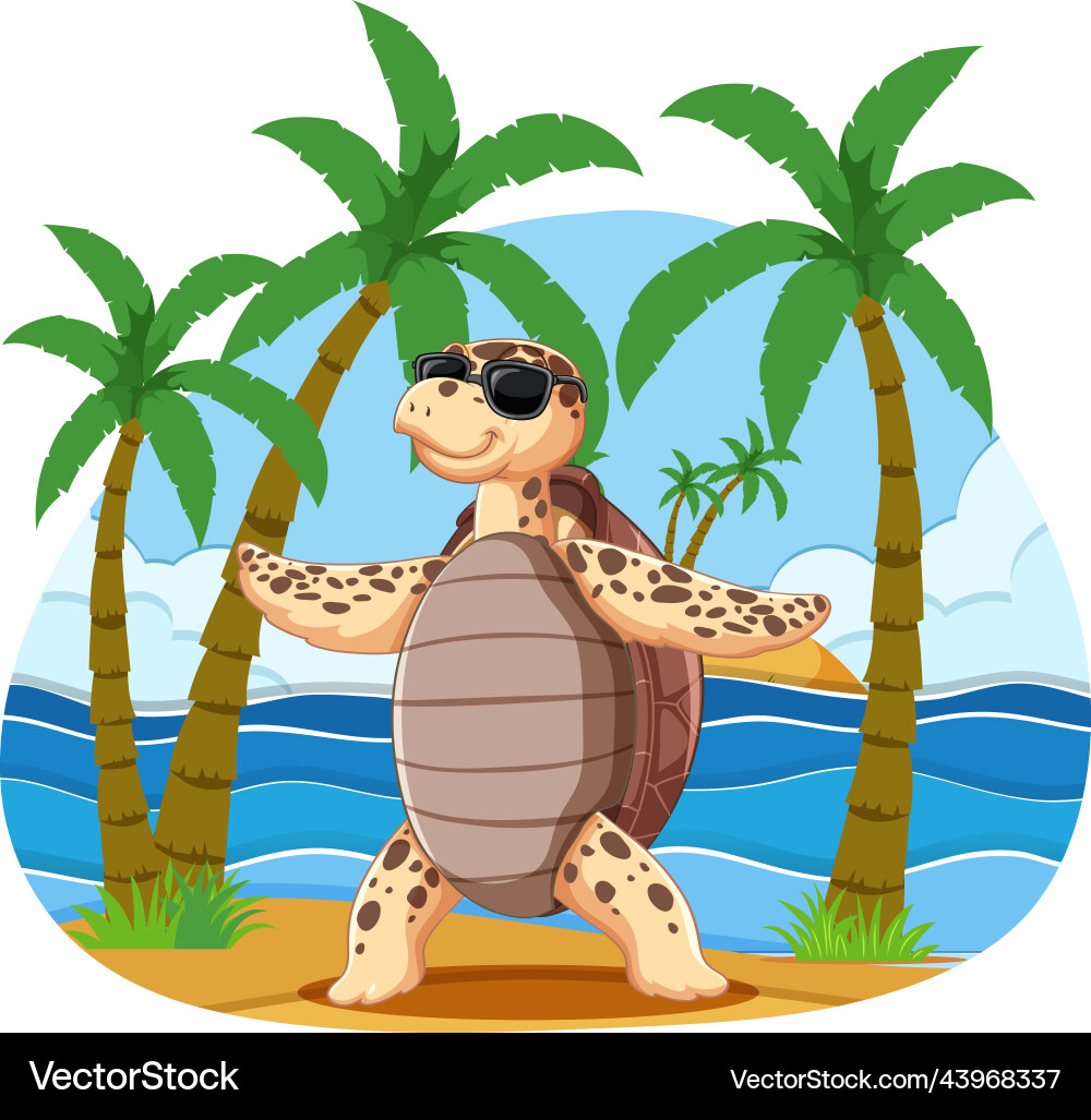Cute turtle cartoon character at the beach Vector Image