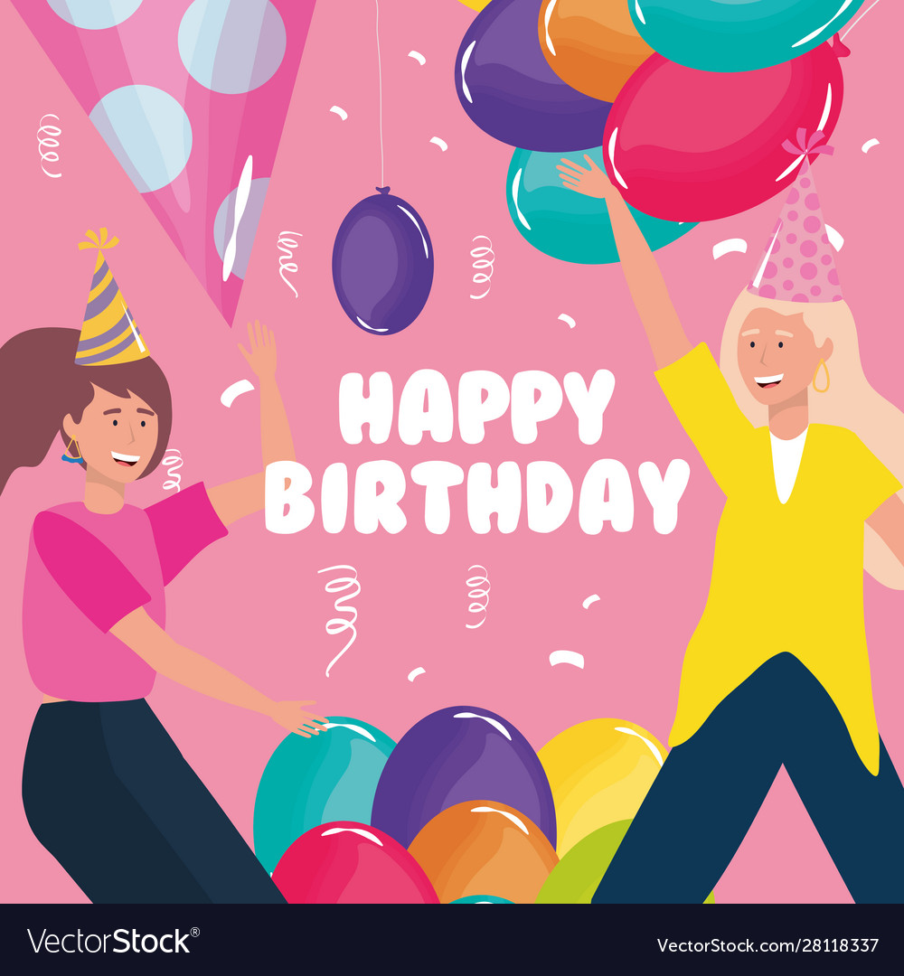 Happy birthday women with balloons confetti