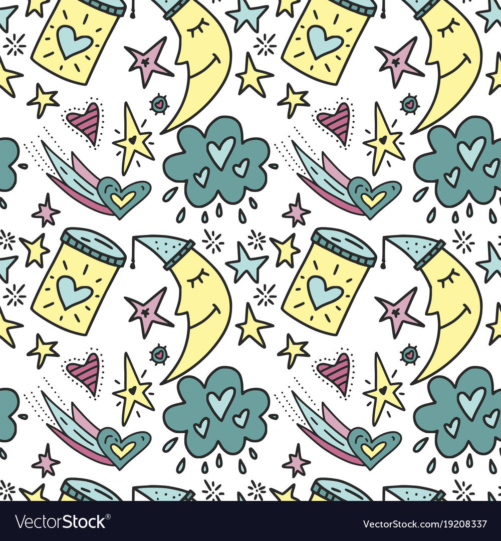 Seamless pattern moon stars and hearts