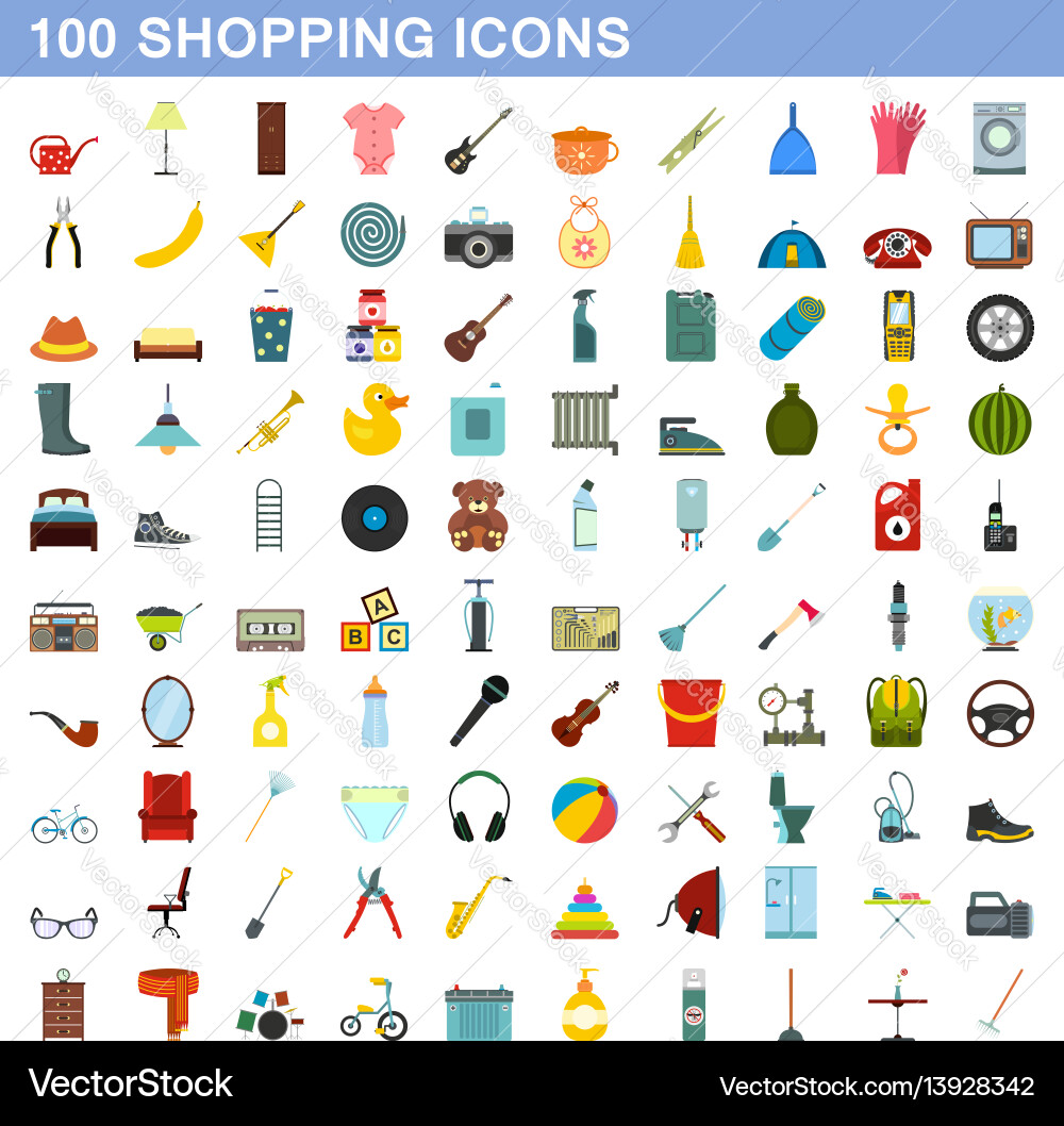 100 shopping icons set flat style Royalty Free Vector Image