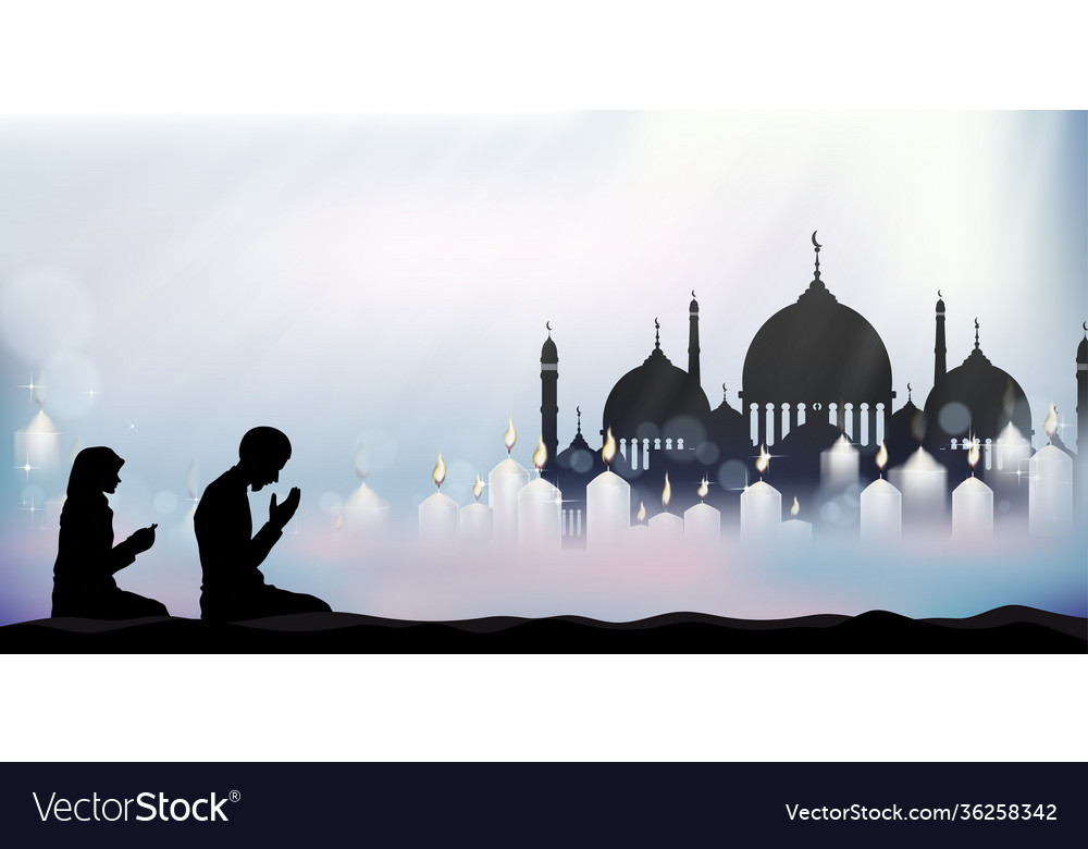 Eid mubarak card with mosque silhouette Royalty Free Vector