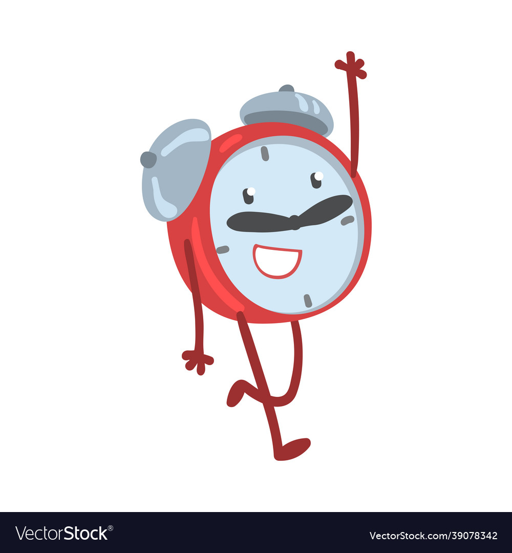 Red smiling alarm clock character running vector image Red smiling alarm clock character running