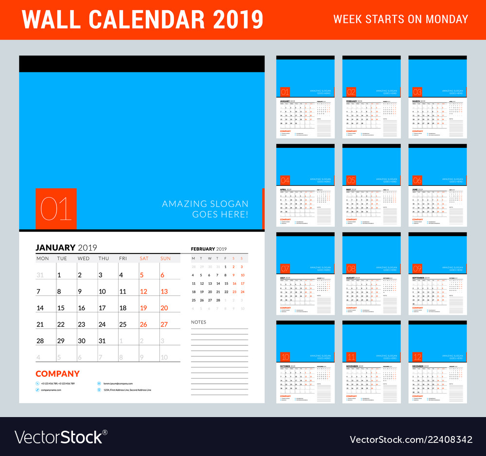 Wall Calendar Planner Template For 2019 Year Set Vector Image