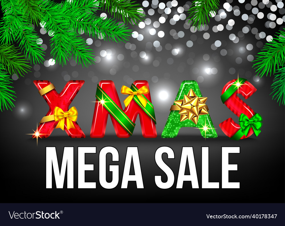 Weihnachts mega verkauf banner mit geschenk bow und fir