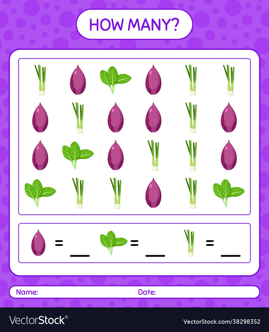 How many counting game with vegetables worksheet vector image How many counting game with vegetables worksheet