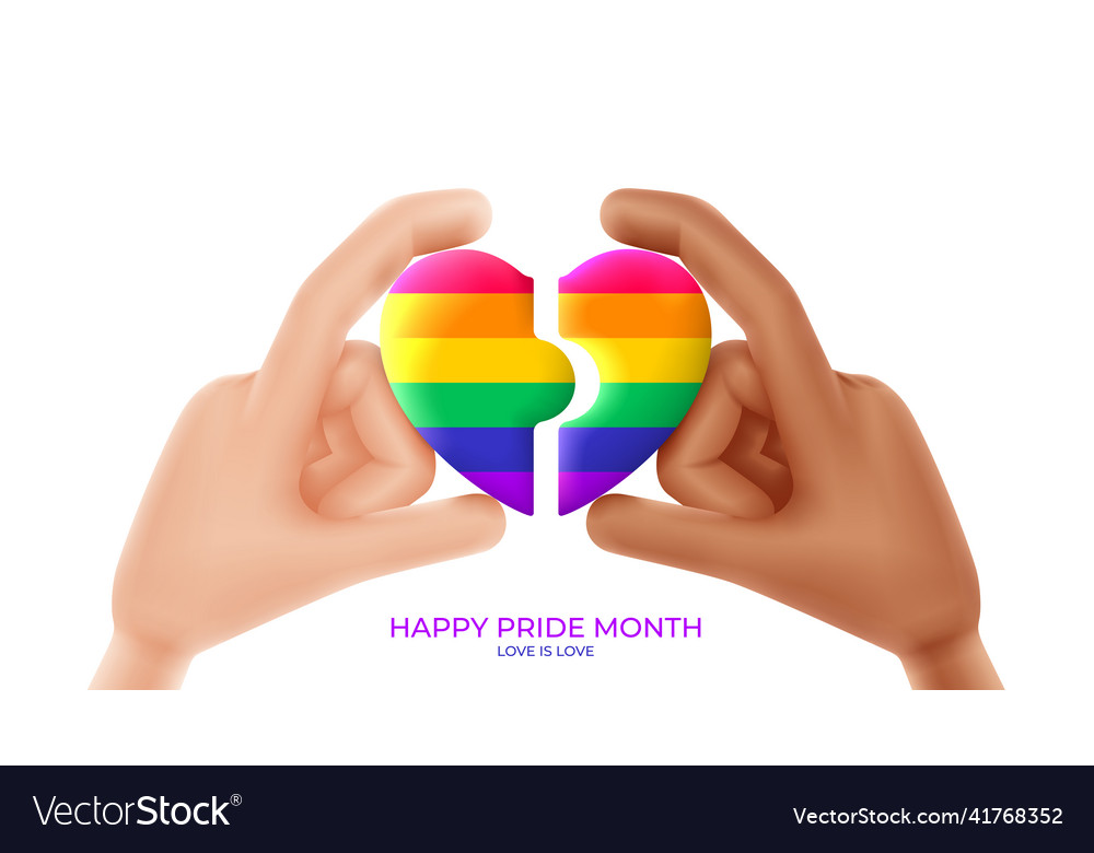 Pride month banner with 3d cartoon hands and heart vector image Pride month banner with 3d cartoon hands and heart