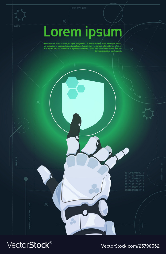 Robotic hand touch shield button on digital vector image Robotic hand touch shield button on digital