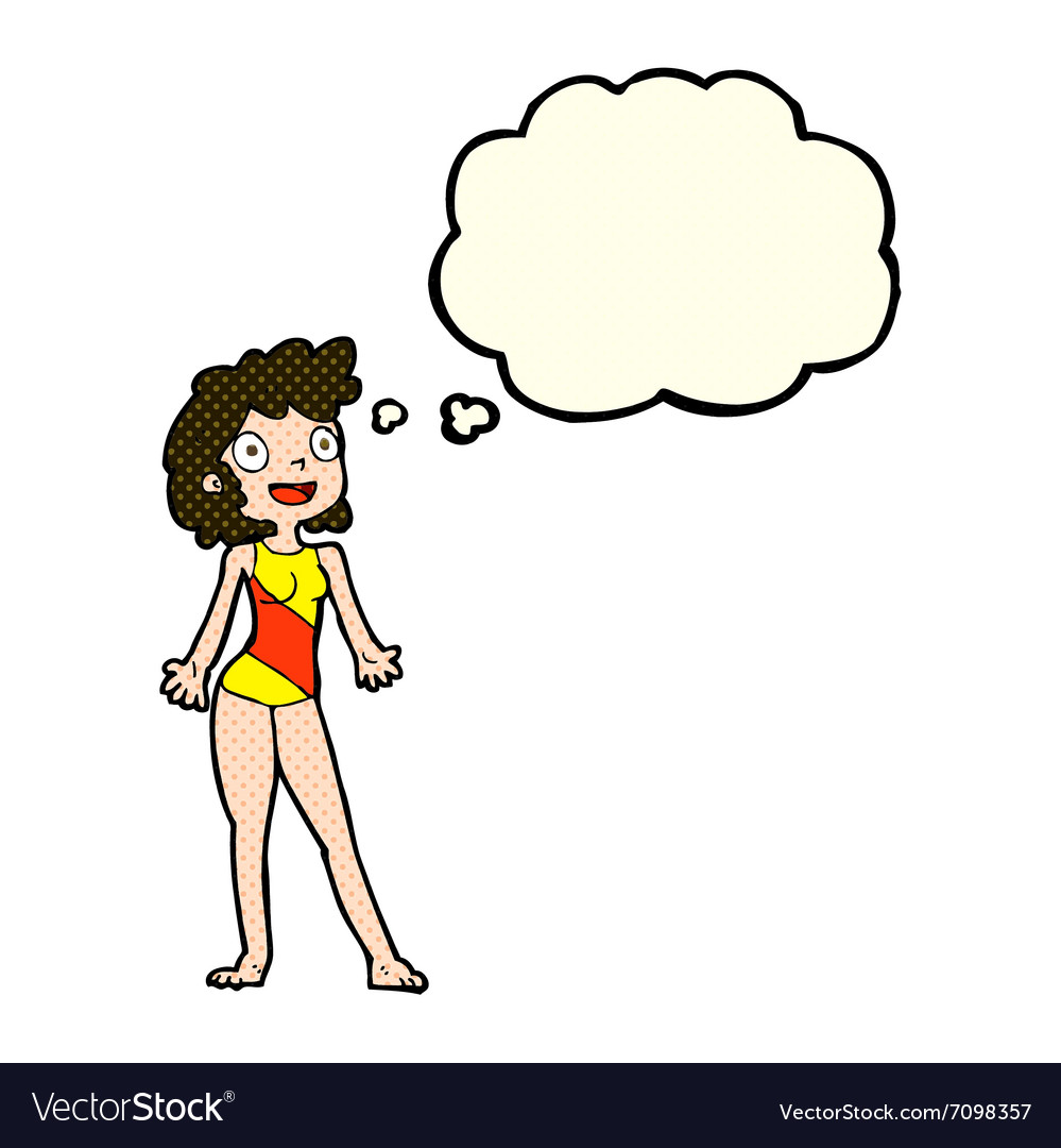 Cartoon woman in swimming costume with thought