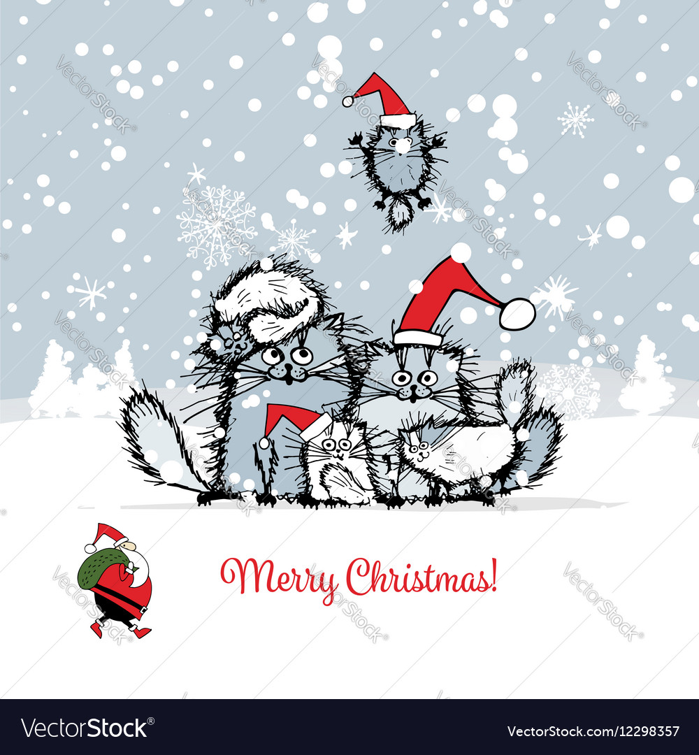 Christmas card with happy cats family Royalty Free Vector