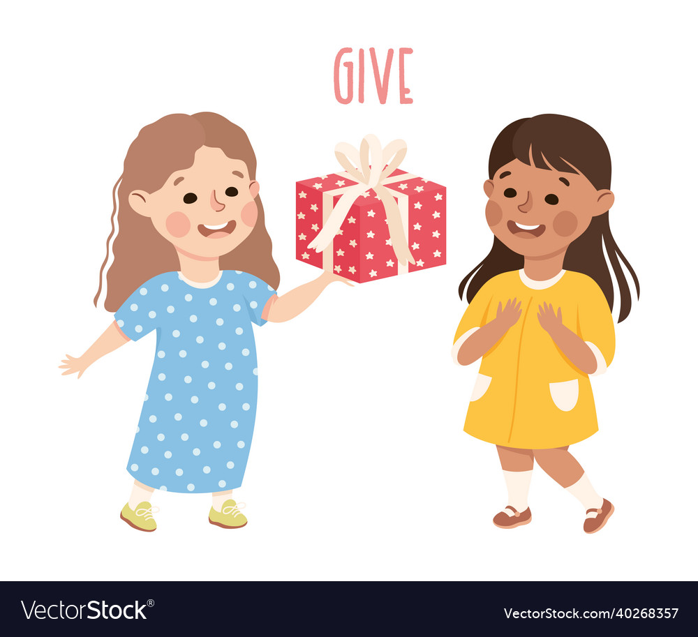 Little girl giving wrapped gift box congratulating