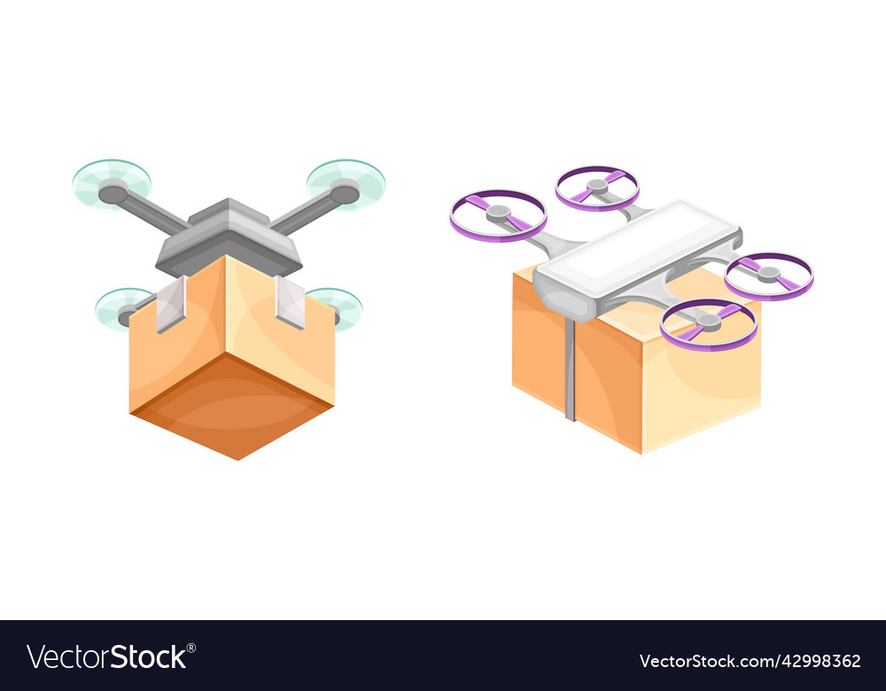 Automated quadcopters flying with package boxes vector image Automated quadcopters flying with package boxes