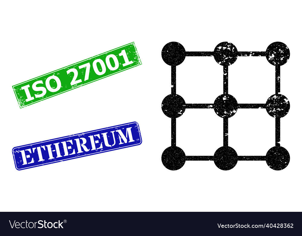 Grid nodes scratched icon and iso 27001