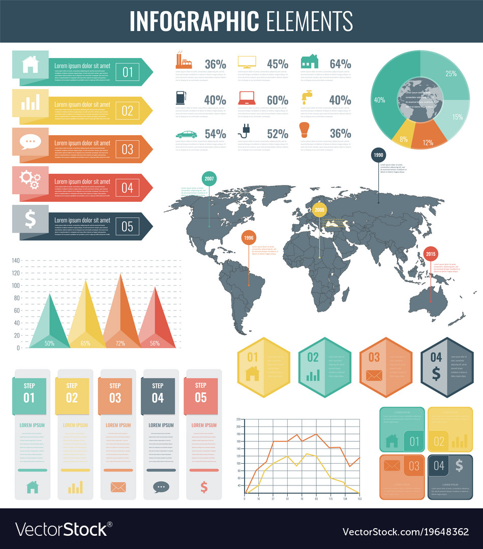 Infographic elements with world map and charts