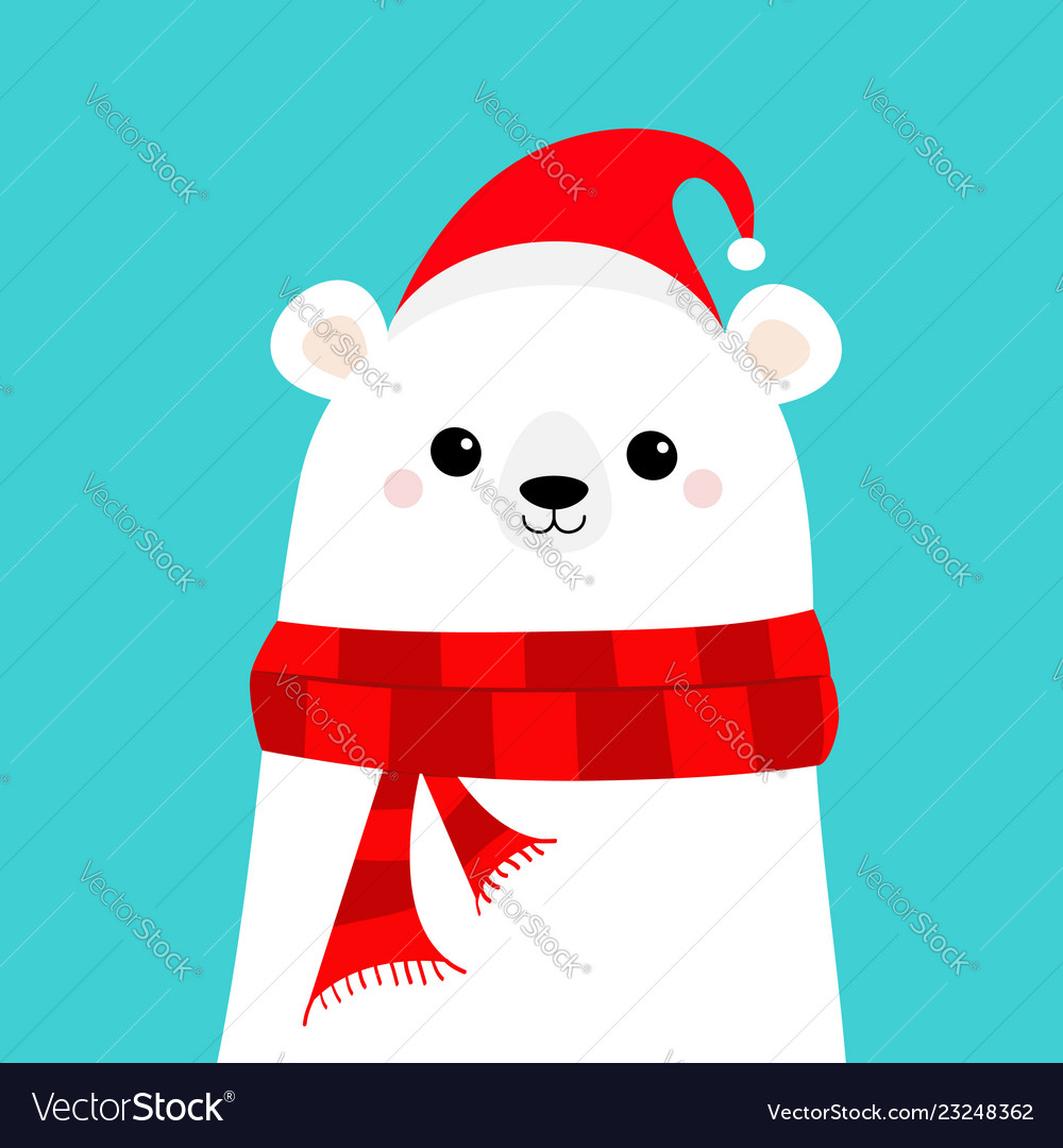 Polar white bear cub face in red santa hat scarf Vector Image