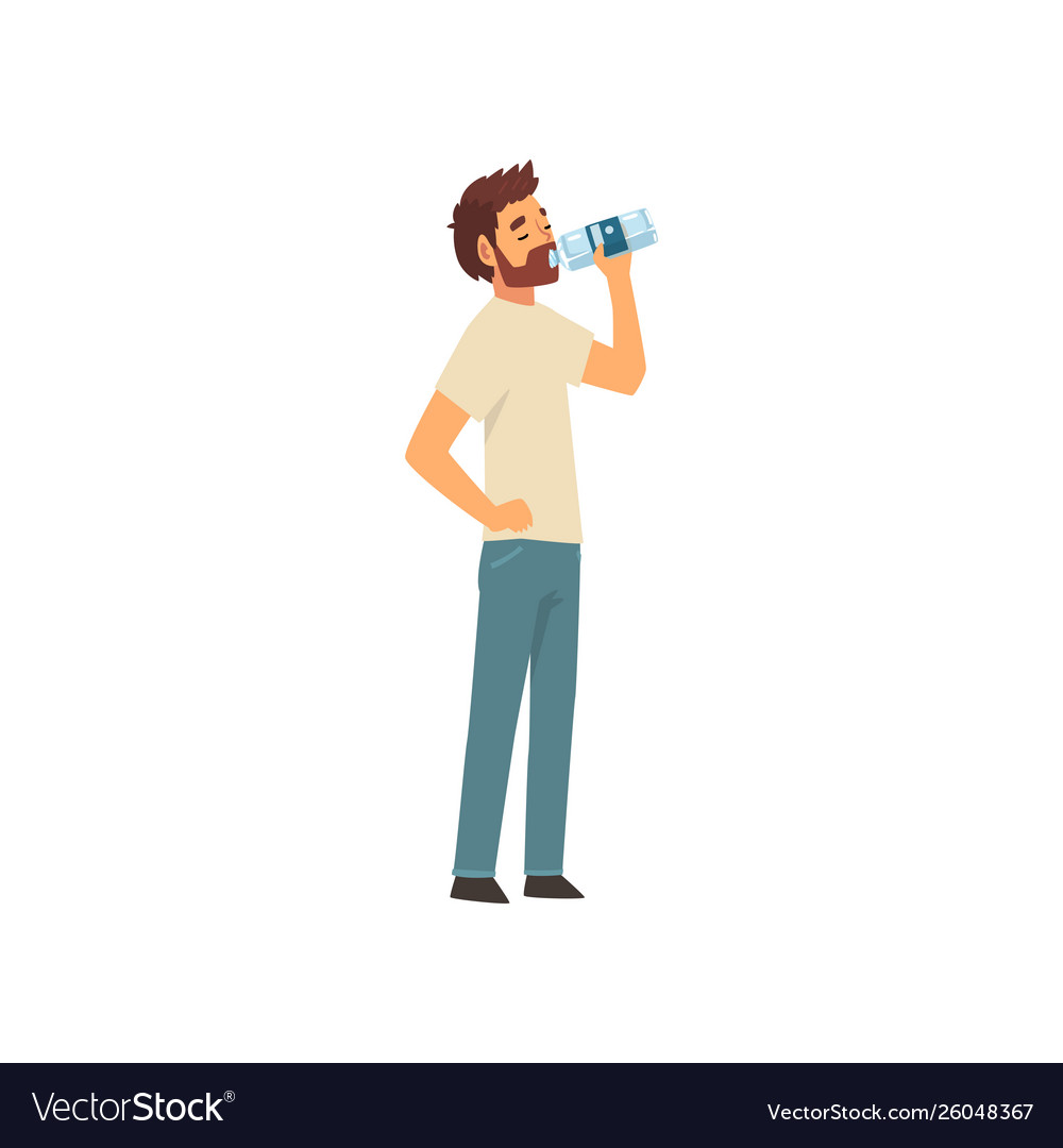 Bearded young man drinking water from plastic