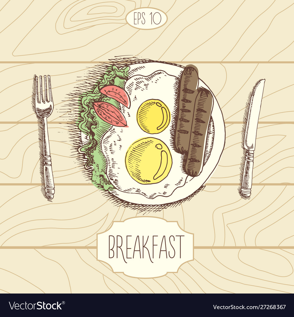 Breakfast fried eggs and sausage salad sketch