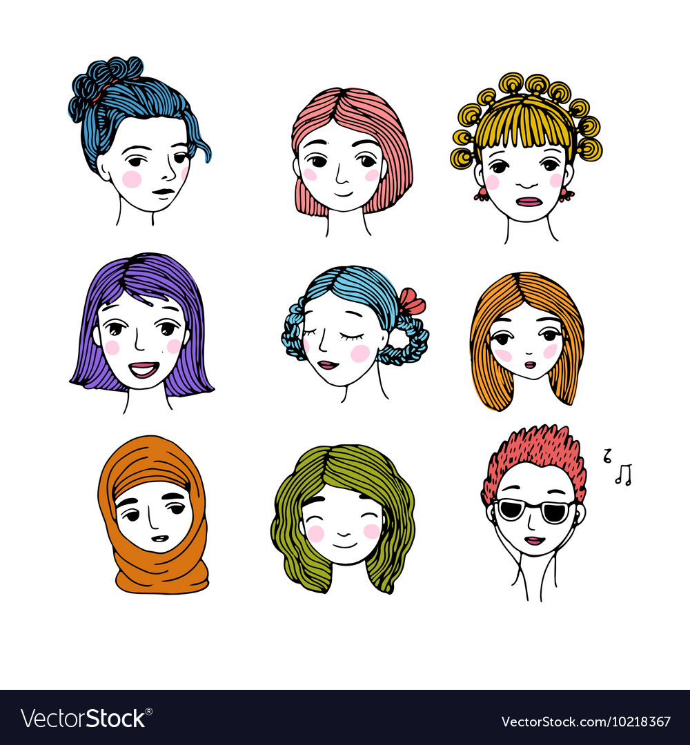 Different faces hand drawing isolated objects