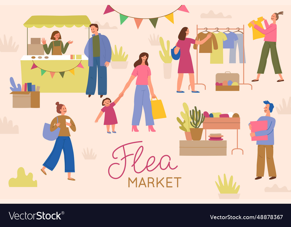 Flea market poster and banner - people buying Vector Image