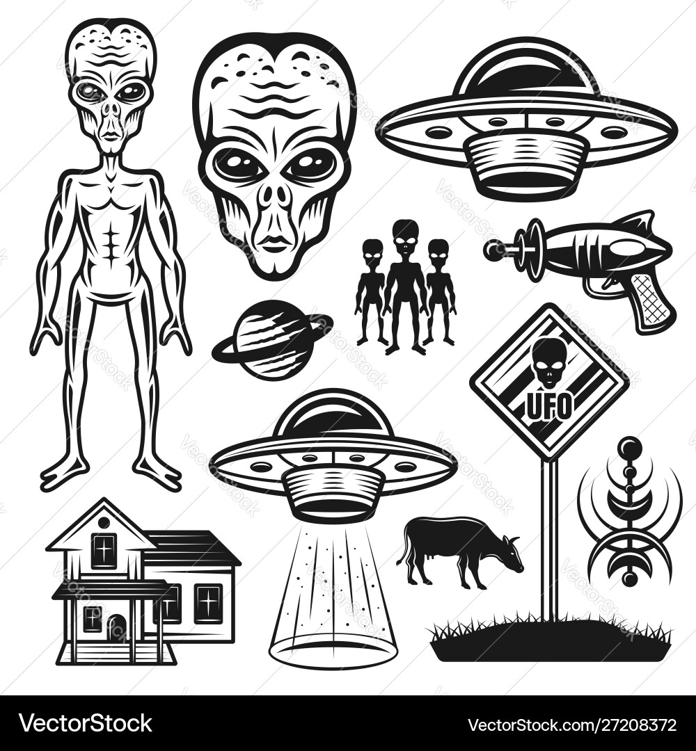 Aliens and ufo set objects or elements Royalty Free Vector