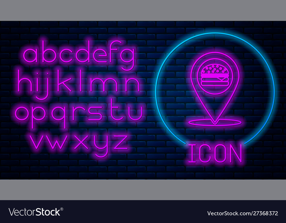 Glowing neon map pointer with fast food burger