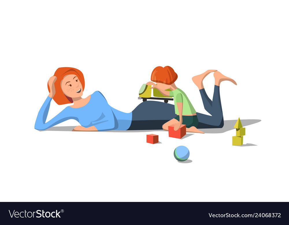 Mother Lies On Floor Playing With Small Child Vector Image
