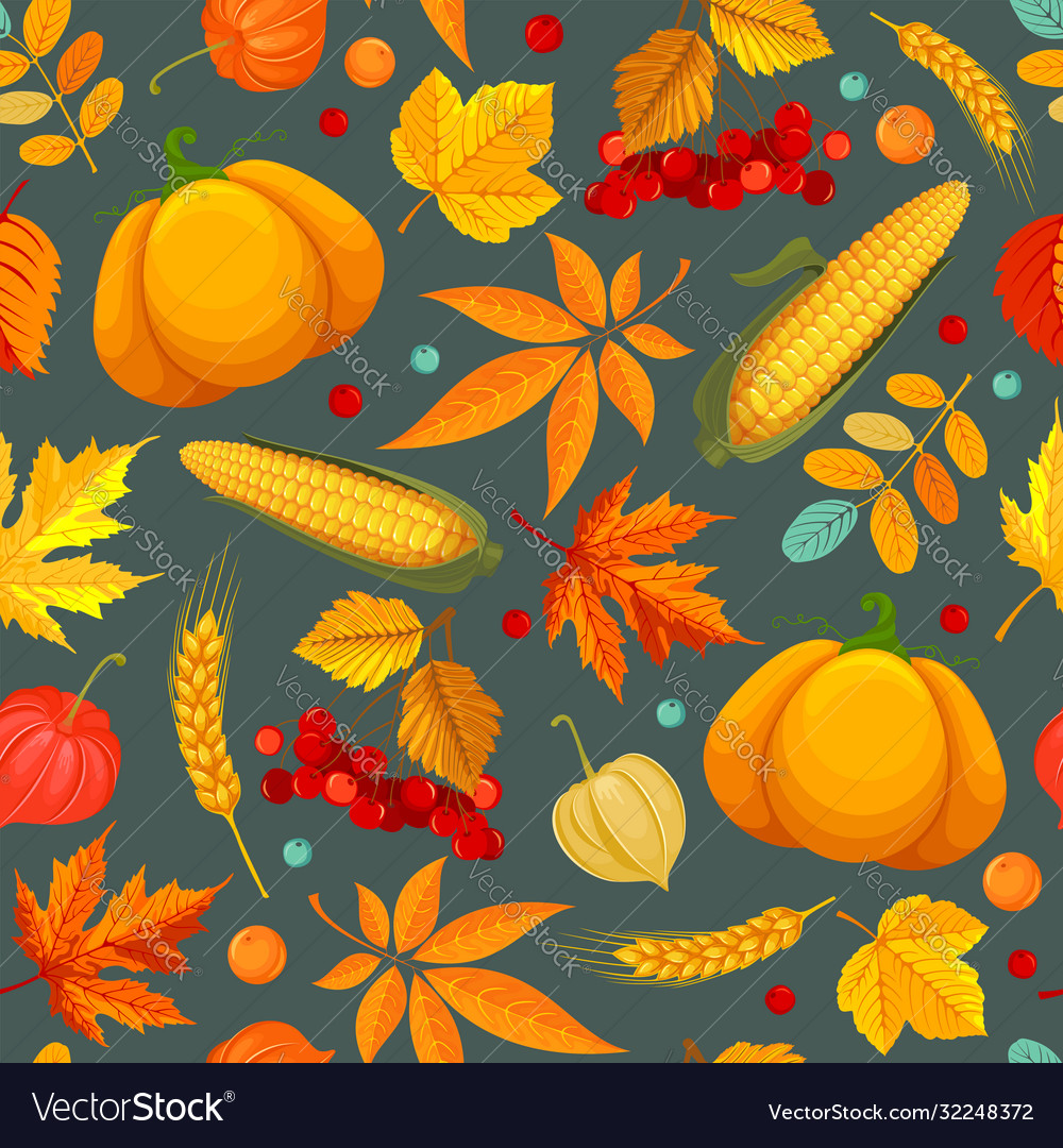 Seamless pattern with autumn leaves pumpkin corn vector image Seamless pattern with autumn leaves pumpkin corn