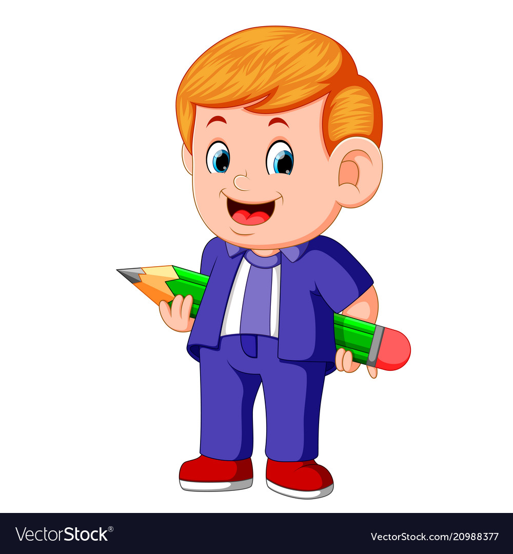 A young teacher holding big pencil Royalty Free Vector Image