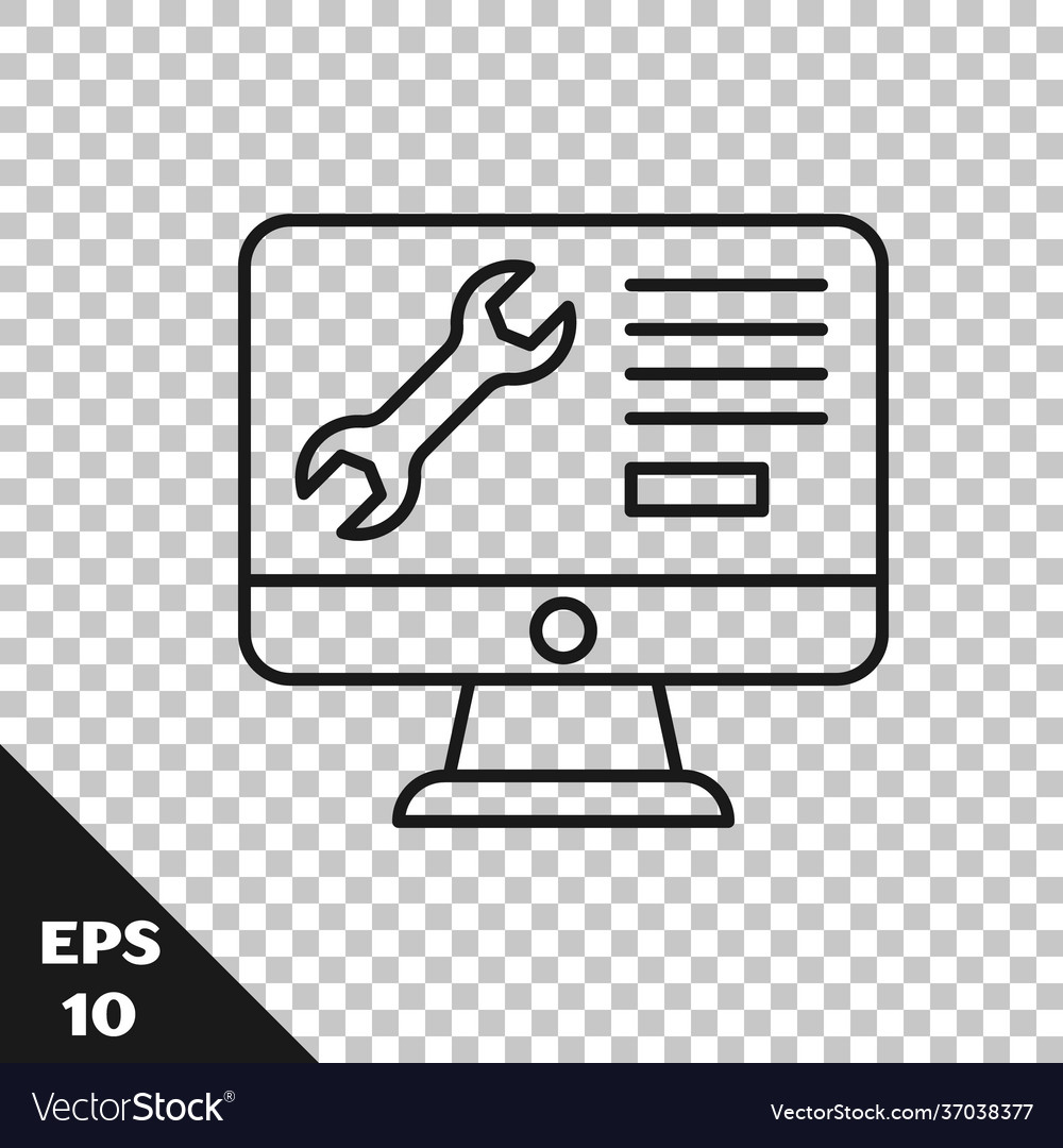 Black line computer monitor with wrench icon vector image Black line computer monitor with wrench icon