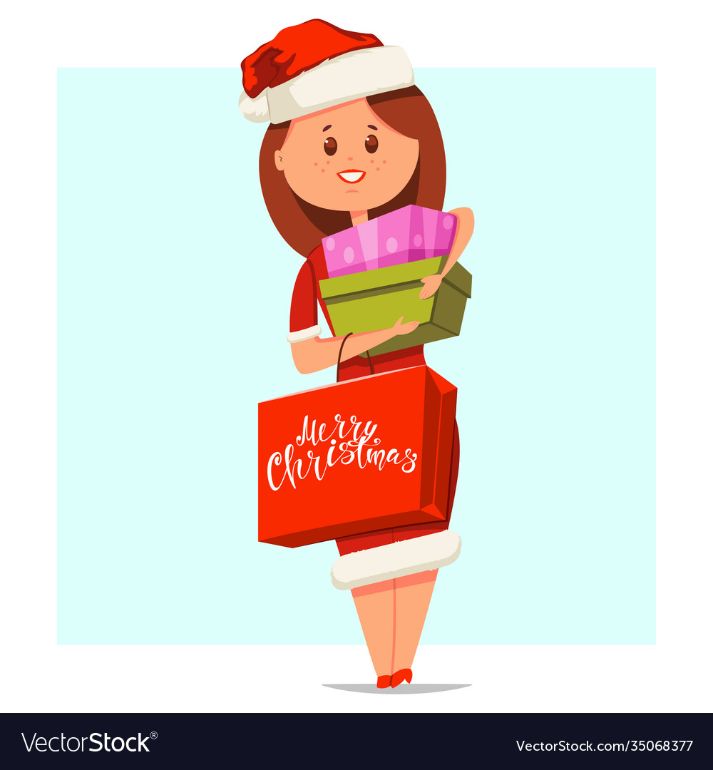 Weihnachts-Shopping-Mädchen in Santa claus Hut vector image Weihnachts-Shopping-Mädchen in Santa claus Hut
