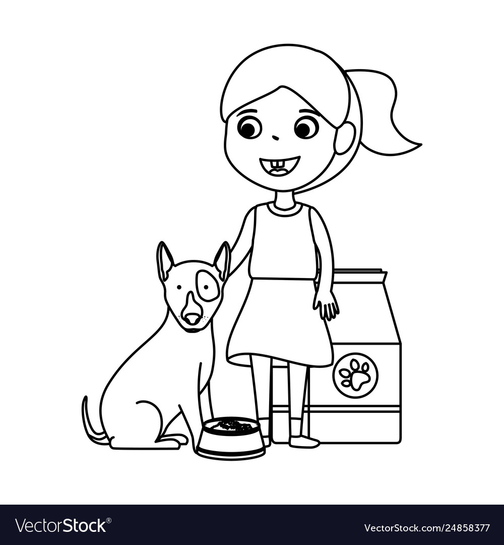 Cute little girl with puppy and food bag Vector Image