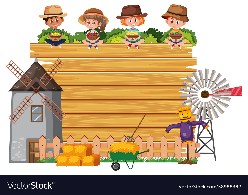 Empty wooden board with children and farm objects vector image Empty wooden board with children and farm objects