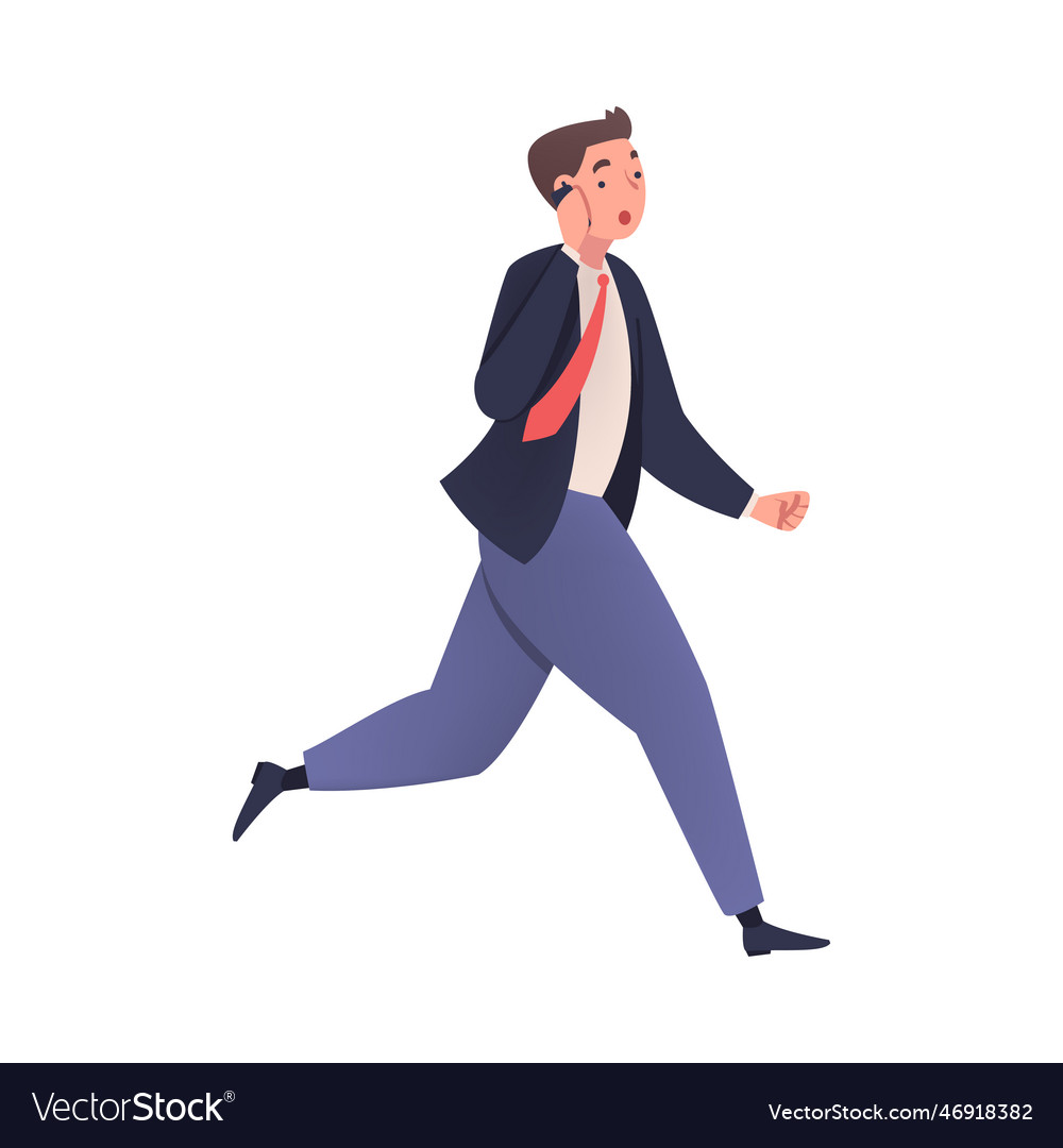 Man character hurrying speaking by phone running vector image Man character hurrying speaking by phone running