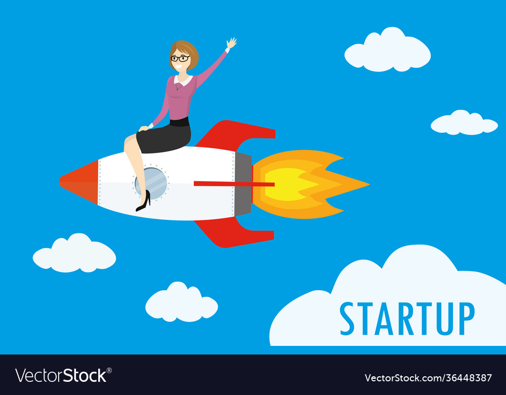 Beauty caucasian businesswoman on rocket flying