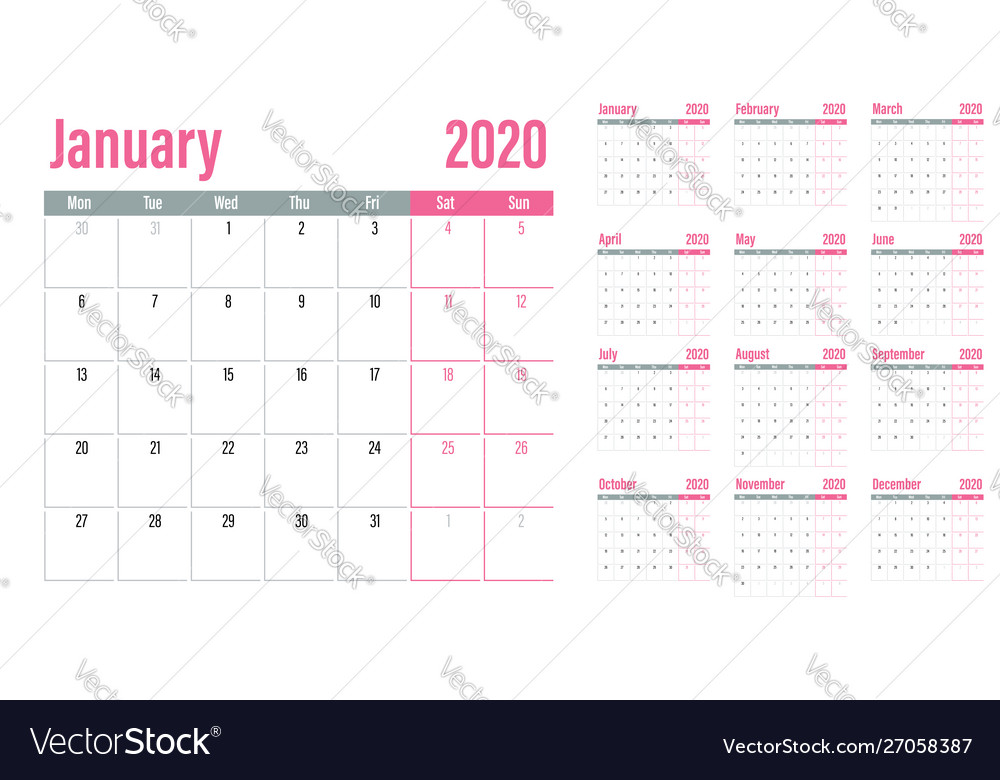 Calendar planner 2020 template Royalty Free Vector Image