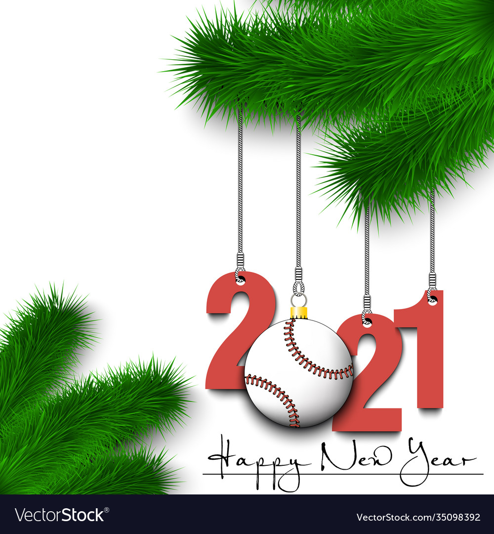 Baseballball und 2021 auf einem Weihnachtsbaumzweig