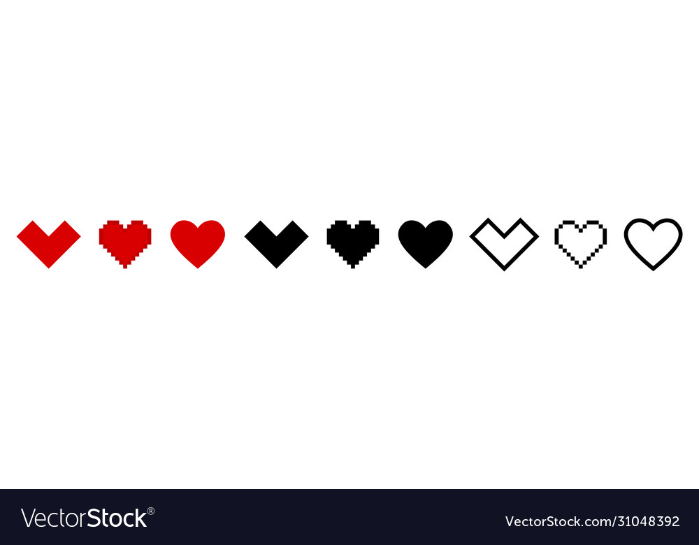 Hearts pixel icons isolated on white background