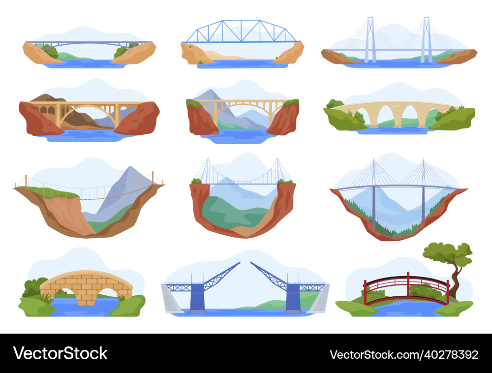 Modern and vintage bridges set flat Royalty Free Vector