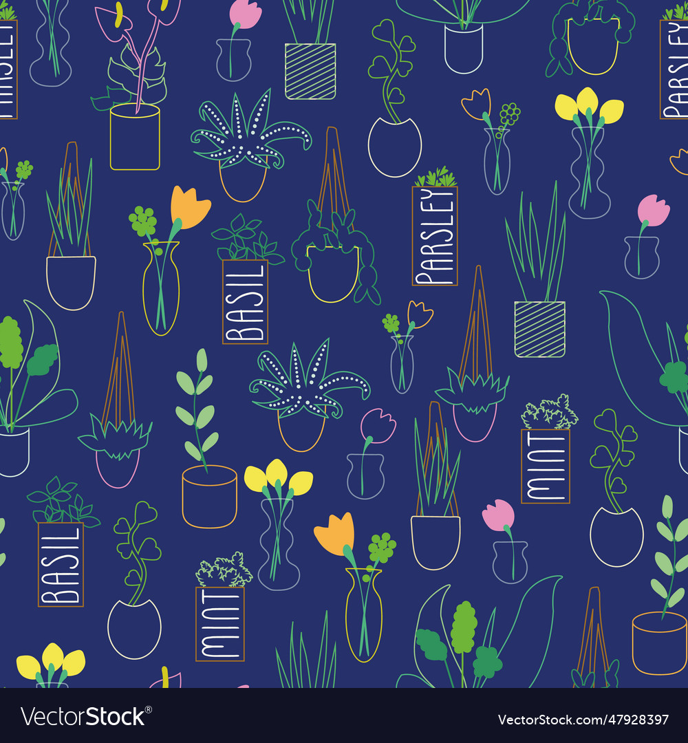 Blue line art plants and flowers in pots vases vector image Blue line art plants and flowers in pots vases