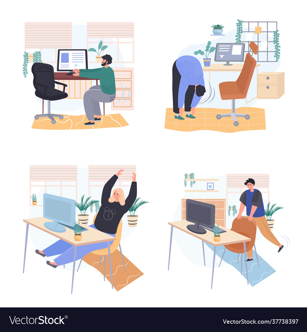 People exercise in workplace concept scenes set vector image People exercise in workplace concept scenes set