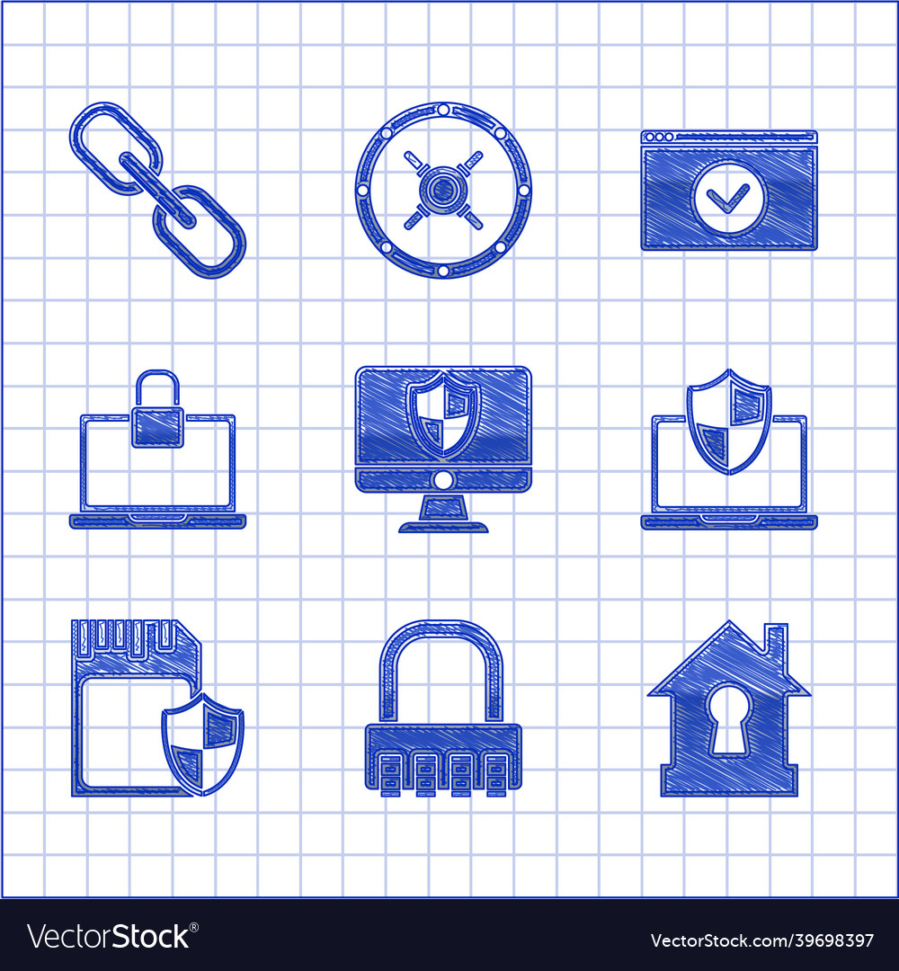 Set computer monitor and shield safe combination vector image Set computer monitor and shield safe combination