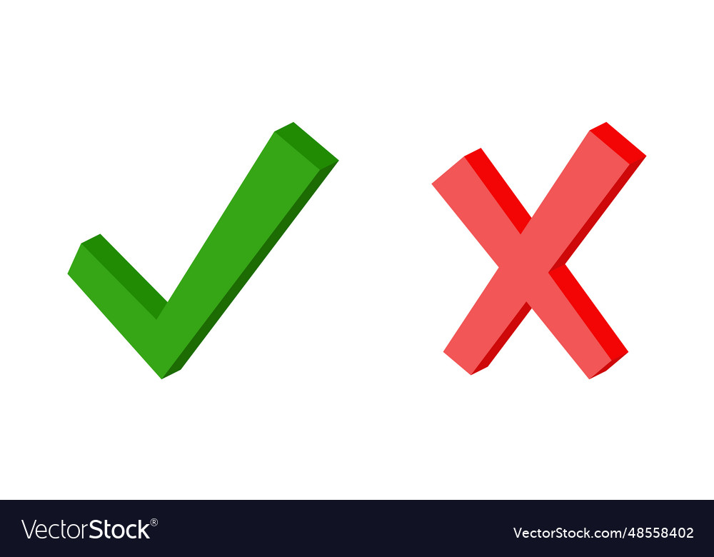 3d green check mark symbol and red cross yes sign