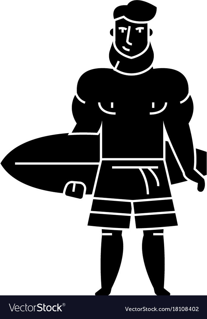 Strong bearded man with surfing board icon