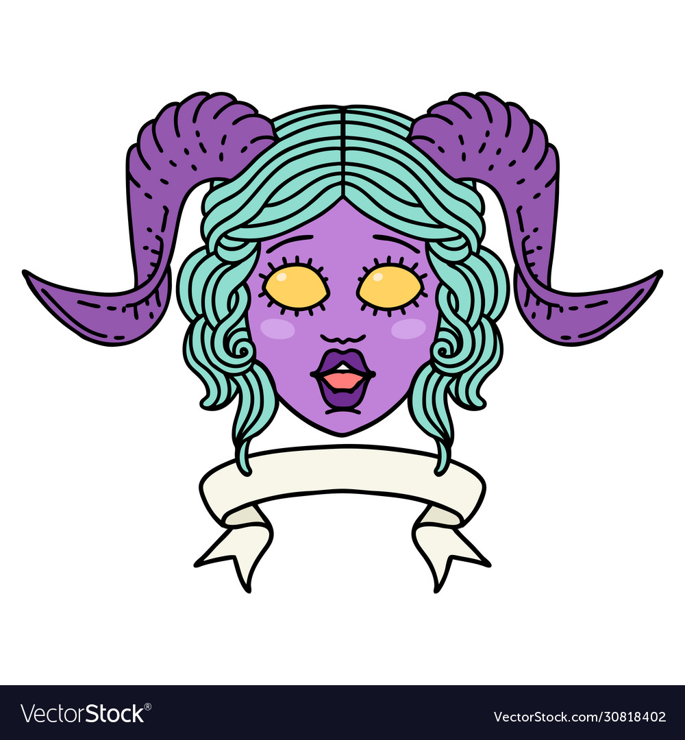 Tiefling character face with scroll banner