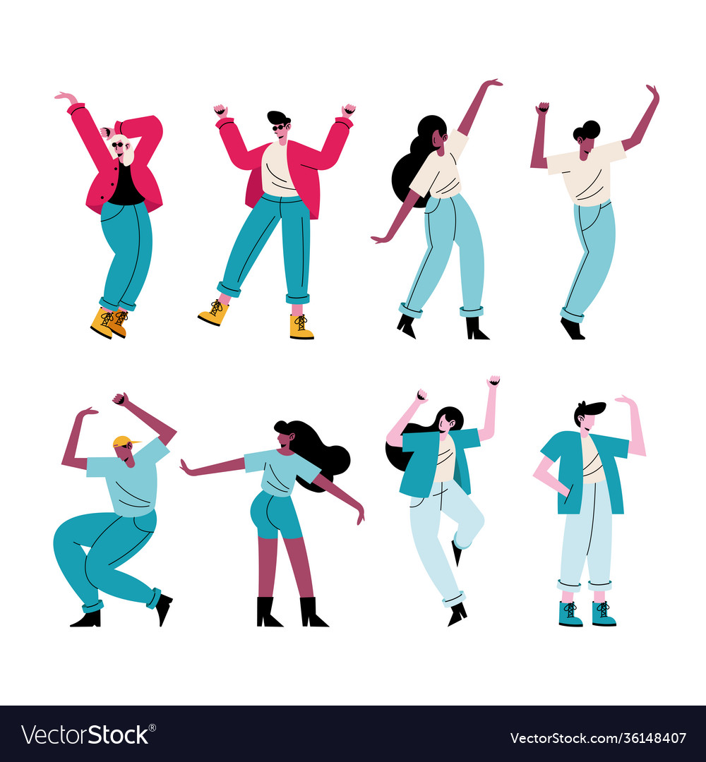 Happy young people dancing eight characters Vector Image